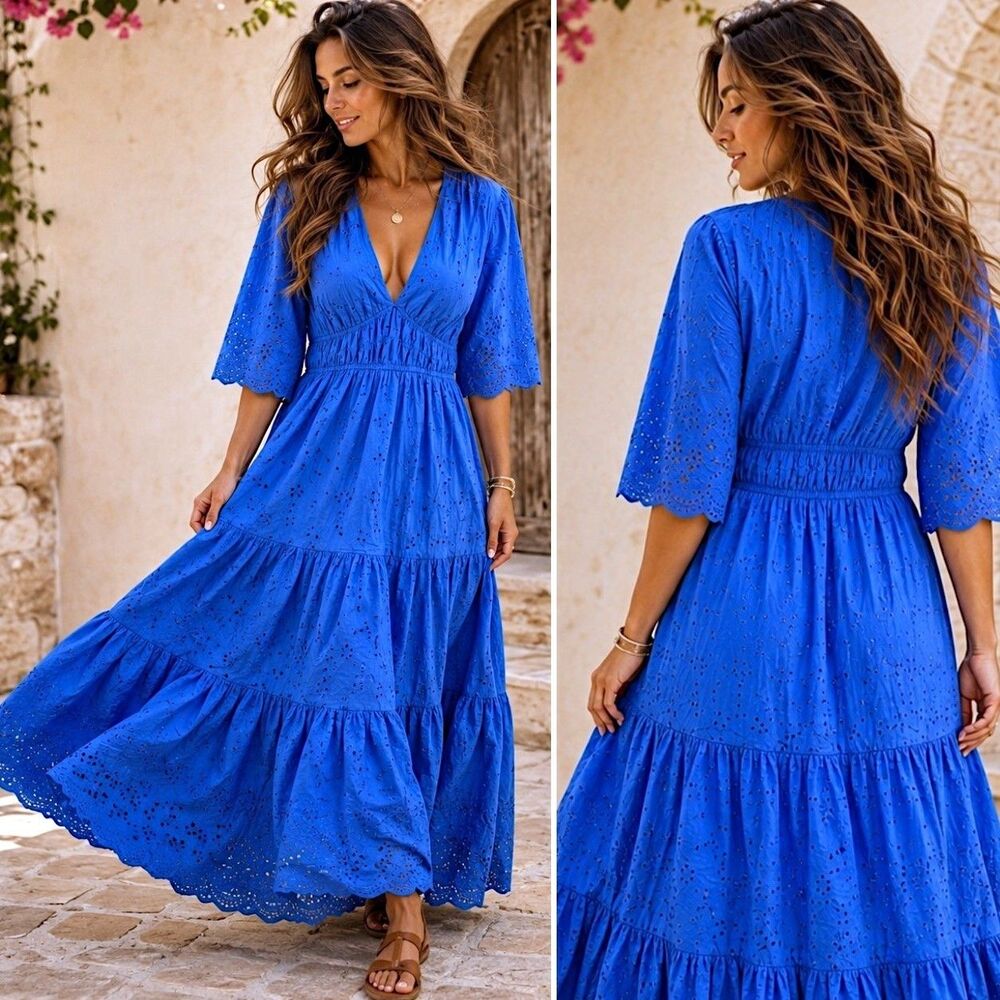Cottagecore XL Cotton Eyelet Maxi Dress Blue Tiered Boho Resort European Summer